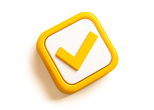 Yellow check mark in square box for confirmation approval and success symbol.