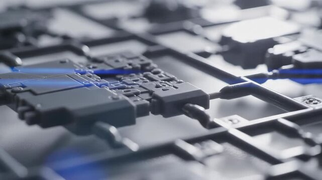 Macro shot of slate grey scale model kit parts on runner with blue flare scan