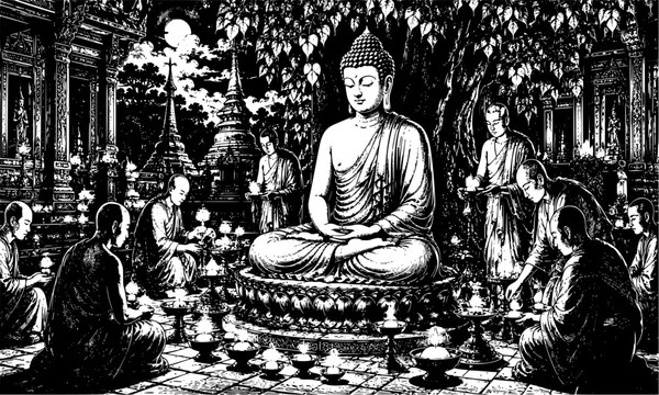 Monks Preparing for Worship Ritual Around Buddha Statue