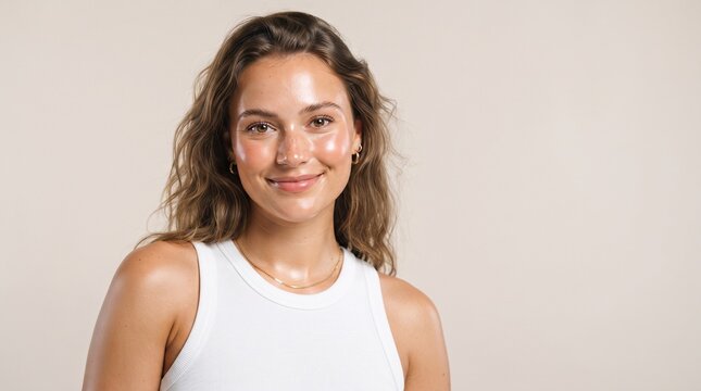 Happy young woman wearing a white tank top smiling at camera. Confident female model posing with cheerful expression for lifestyle portrait.