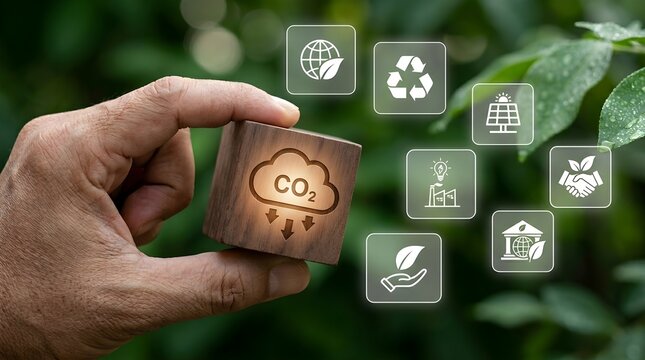 Wooden block with CO2 reduction icon held by hand against a blurred natural green leaf background
