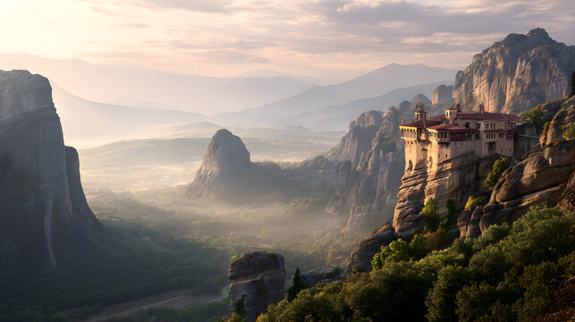 Ancient stone monastery perched atop towering rocky pillar overlooking vast misty mountain valley landscape with cliffside overlooking serene