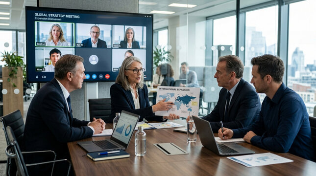Diverse Team Collaborates on Global Strategy Meeting via Video Conference
