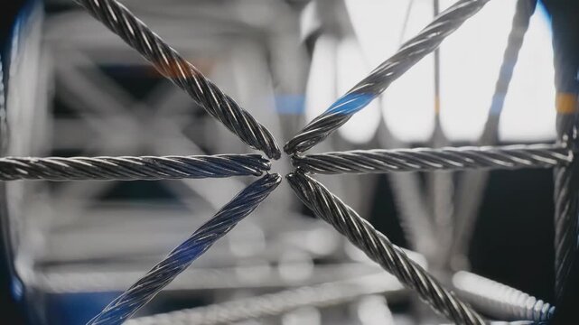 Symmetrical close-up of metallic steel wire cables converging with anamorphic lens flare