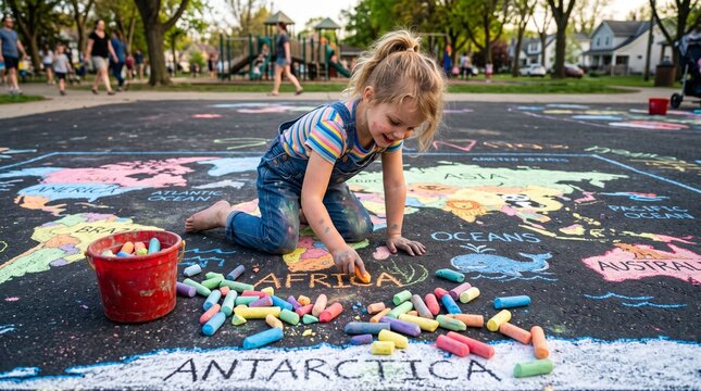 Child seated on pavement surrounded by vivid chalk world map drawings, labeled continents, oceans, handprints, and shapes, symbolizing creativity, education, and cultural resonance.