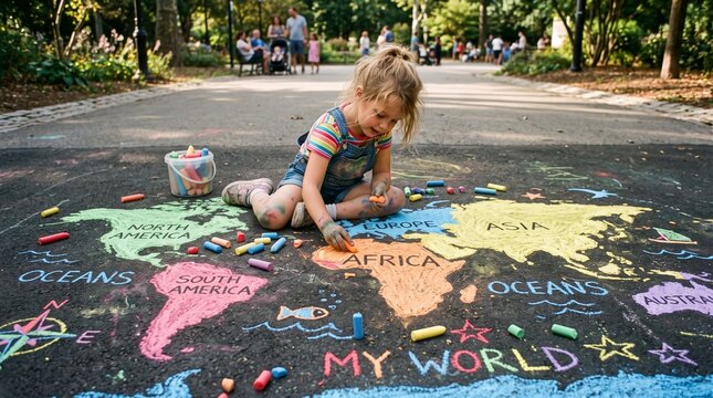 Child seated on pavement surrounded by vivid chalk world map drawings, labeled continents, oceans, handprints, and shapes, symbolizing creativity, education, and cultural resonance.