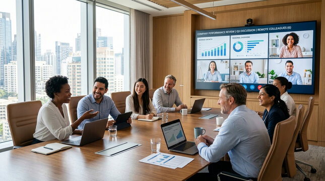 Diverse team collaborating in modern boardroom with video conference on screen