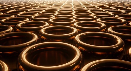 Obraz premium Grid of metallic bronze torus rings surface pattern perspective view