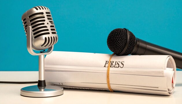 Press microphone with newspaper, turquoise background, journalism communication tools