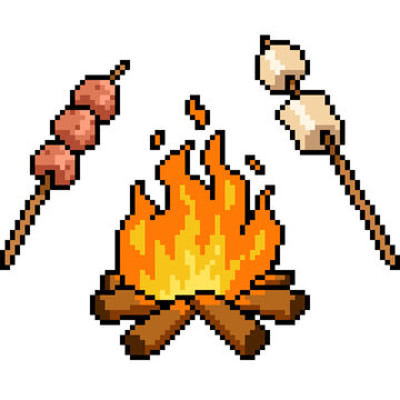 pixel art isolated background of campfire picnic party
