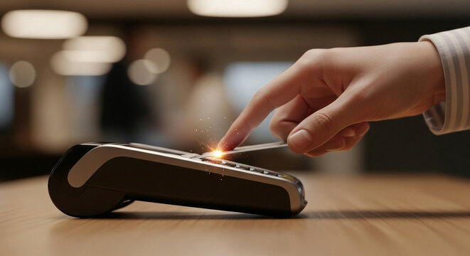 Hand tapping a contactless card on a payment terminal with a spark of light
