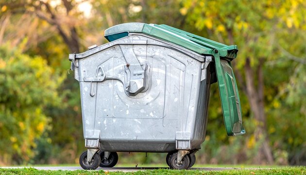 Green‑lid dumpster outdoors, autumn foliage, urban waste management scene