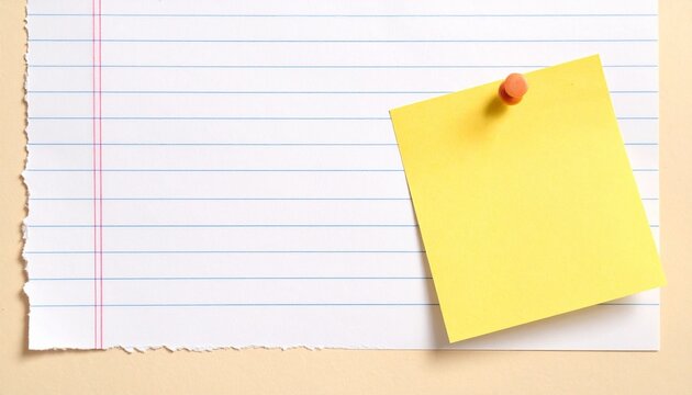 Blank sticky note pinned on lined notebook paper margin