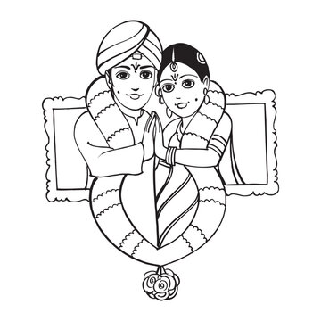 Wedding Couple with Garland in Heart Frame
