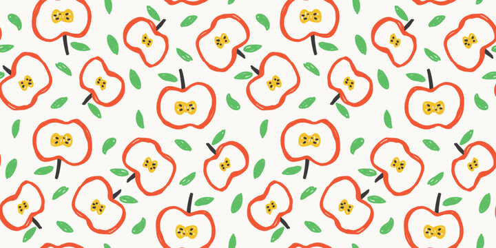 Seamless background pattern with hand drawn cute sliced red apples and green leaves on cream
