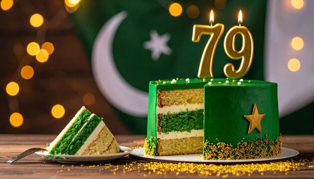 Pakistan flag cake, 79 candles, festive pride celebration layers