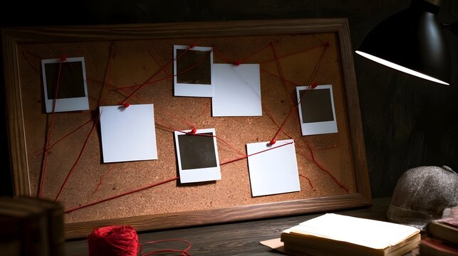 Blank Photos Pinned On Detective Investigation Board With Red String