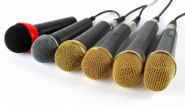 Four microphones aligned, gold and black mesh, red accent body