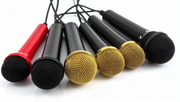 Four microphones aligned, gold and black mesh, red accent body