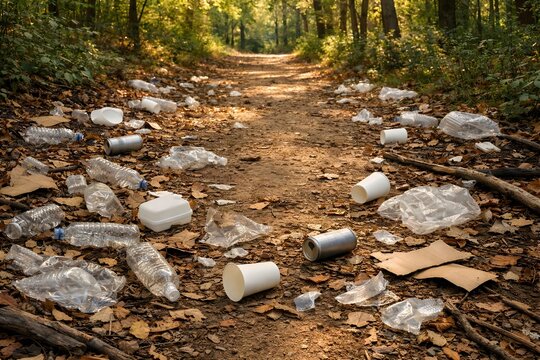 Path littered with trash in a forest, plastic bottles and cups polluting nature