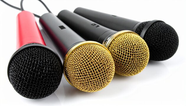 Four microphones aligned, gold and black mesh, red accent body