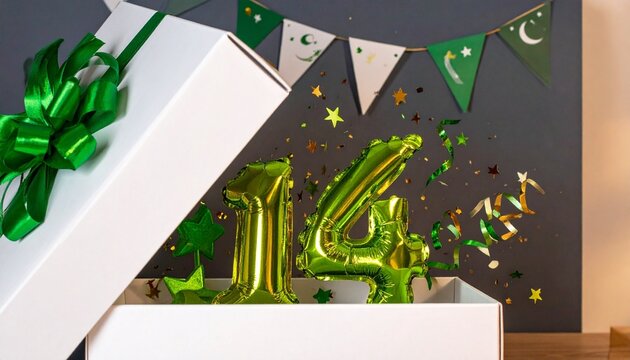 Festive green balloons, gift box, crescent banner, golden confetti celebration