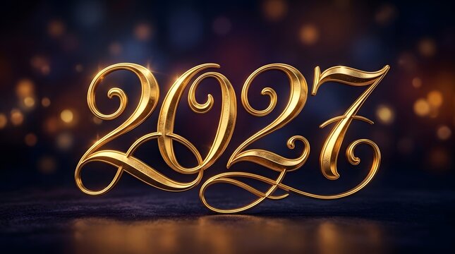 Golden 2027 new year celebration graphic with bokeh lights and dark background