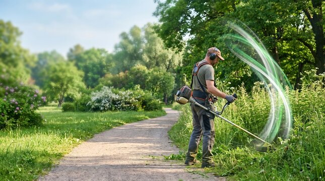 A worker wearing protective gear uses a brush cutter to clear tall grass in a lush, sunny park, enhanced by stylized green light trails indicating motion.