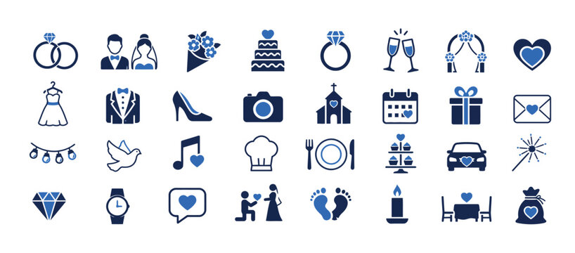 Collection of blue wedding icons and symbols.