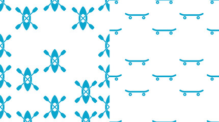 Seamless Pattern Vector Set Featuring Blue Kayak with Oars and Skateboard Icons on White Background for Textiles and Wrapping Paper © MdFaruk