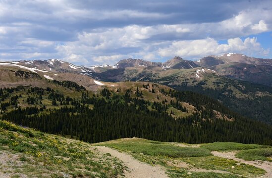 panoramic view of the continental divide and the colorado rocky mountains of summit county, from the top of  loveland pass  on a sunny summer day  in  colorado  