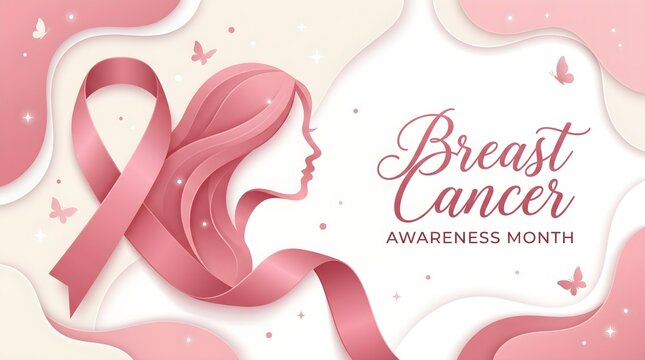 Breast cancer awareness campaign elegant pink ribbon with female profile and butterflies for support and hope