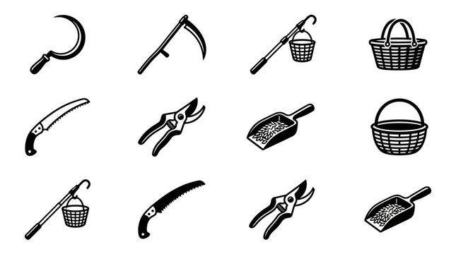 Vintage farm tools and baskets icons.