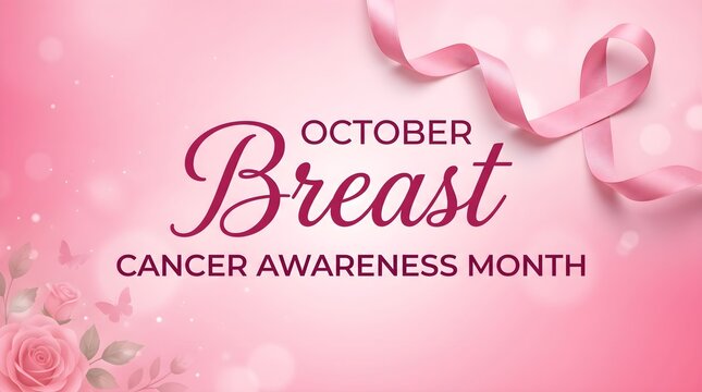 Breast cancer awareness month october banner with pink ribbon roses and butterflies design