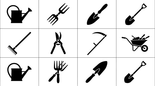 Black icons of gardening tools set.