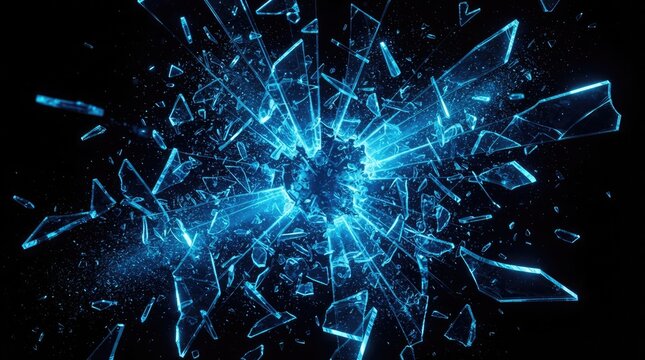 Abstract background featuring dynamic shards of glowing blue crystalline glass exploding outwards from a central point against a deep dark void