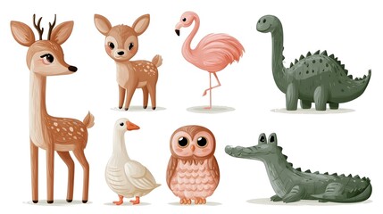 Fototapeta premium Cute animals. Vector isolated children's illustrations of a deer, fawn, flamingo, dinosaur, goose, owl, and crocodile on a white background background for children's cards, stickers, icons