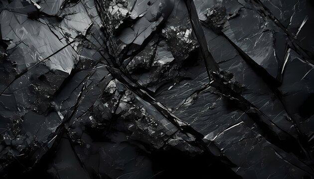 Premium dark background of raw fractured black graphite stone texture