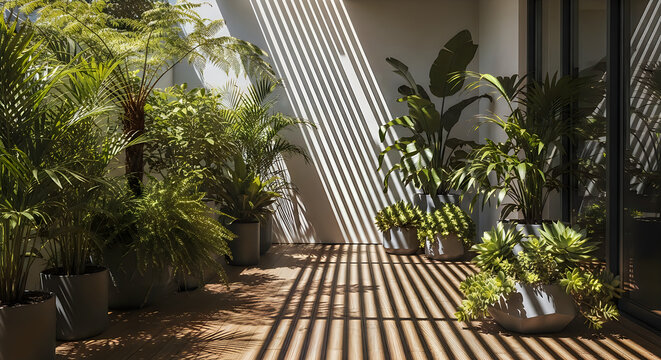 Modern outdoor lounge with greenery and slatted bench