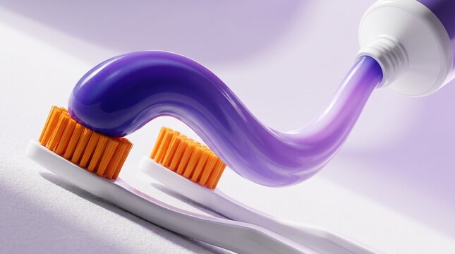 A tube of purple toothpaste squeezing a long ribbon onto two toothbrushes with orange bristles.