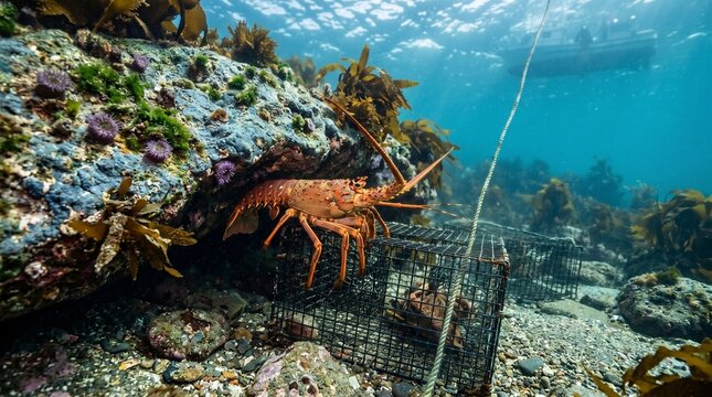 Spiny lobster resting under a rocky ledge near a lobster pot trap in clear ocean water