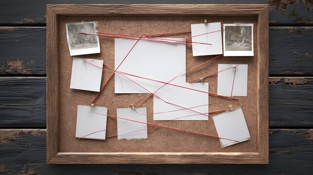 Detective Investigation Board With Blank Photos Connected By Red String