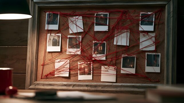 Detective Investigation Board With Blank Photos Connected By Red String