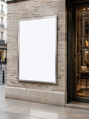 Fototapeta premium Blank storefront billboard mockup on luxury retail facade with copy space, empty outdoor poster display on brick wall beside boutique entrance for premium branding and advertising campaign