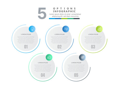Modern 5 Step Circular Infographic Template with Business Process Timeline, Workflow Diagram and Data Presentation