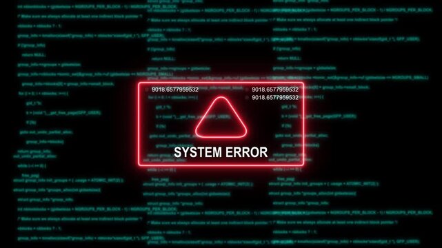 System error alert with digital glitch effect and scrolling programming code background