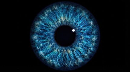 Macro detailed close up shot of a vibrant blue human iris featuring intricate light patterns and natural textures isolated against a solid black background © Rizal