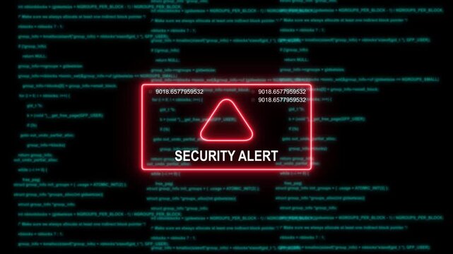 Security alert glitch effect with glowing red warning and scrolling computer code background, cyber attack