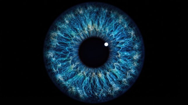 Macro detailed close up shot of a vibrant blue human iris featuring intricate light patterns and natural textures isolated against a solid black background