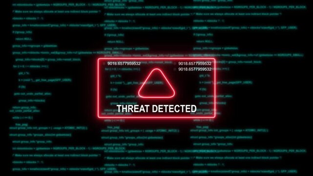 Cyber security threat detected alert with glitch effect and scrolling source code background hacking